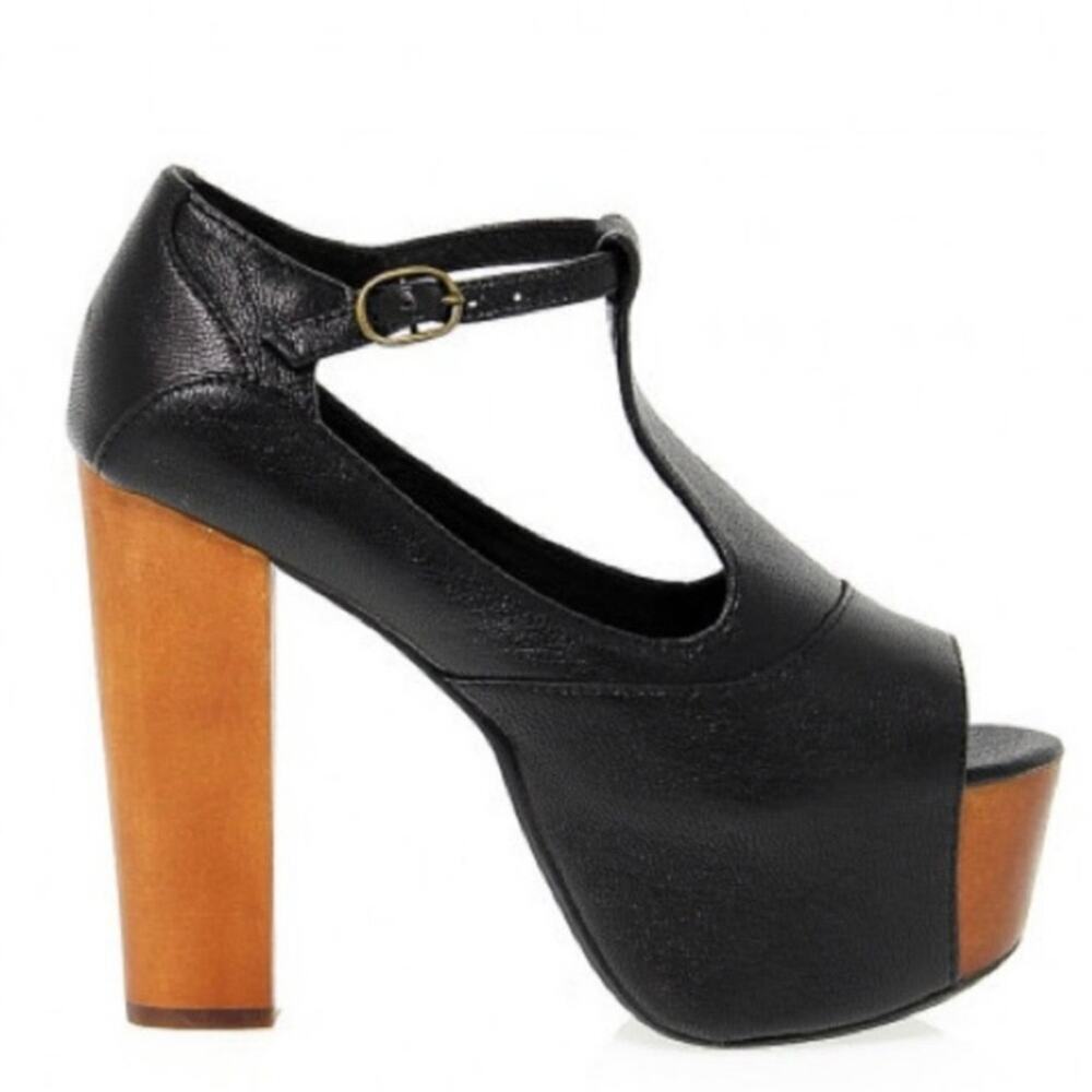 Jeffrey Campbell Women's Black Foxy Wood Platform Heel Sandals T-strap Size 8.5 - Picture 2 of 10